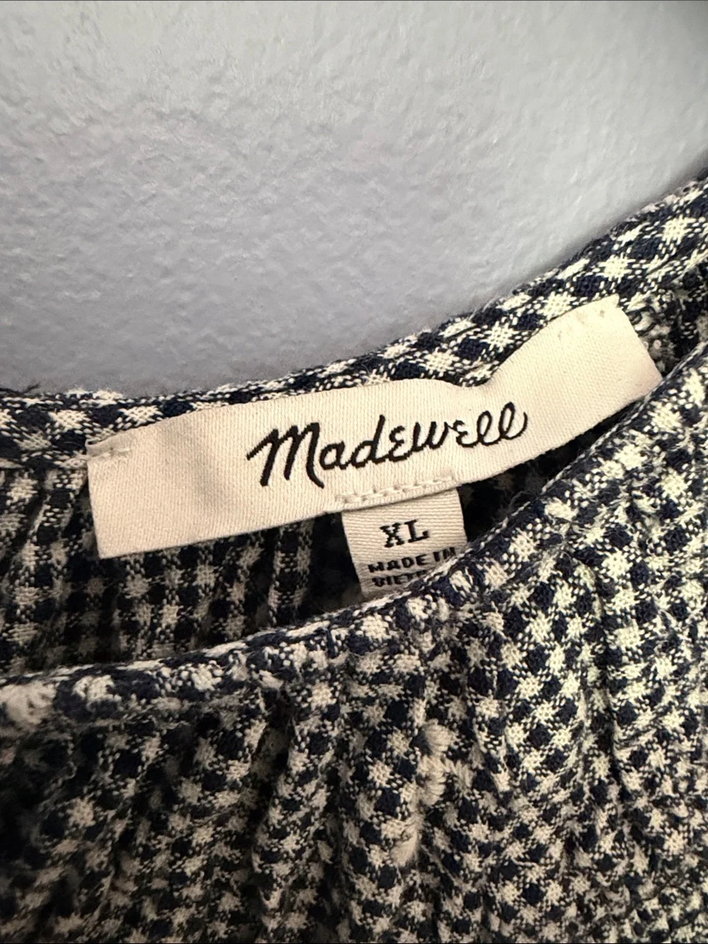 Madewell Black White Gingham Embroidered Daisy Smocked Puff Sleeve Top XL
